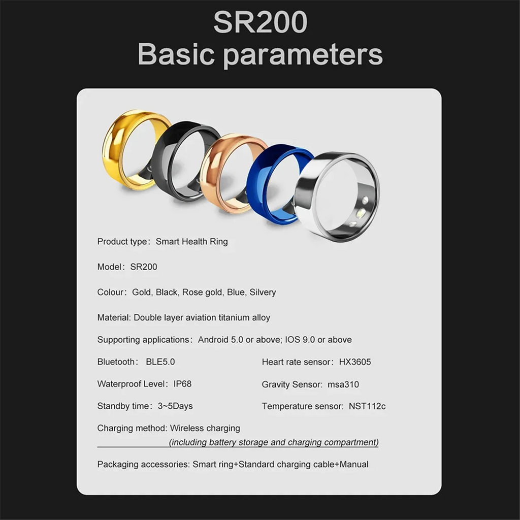 AD41-SR200 Smart Ring Activity Fitness Tracker Blood Oxygen Blood Pressure Sleep Monitor Finger Ring for IOS Android