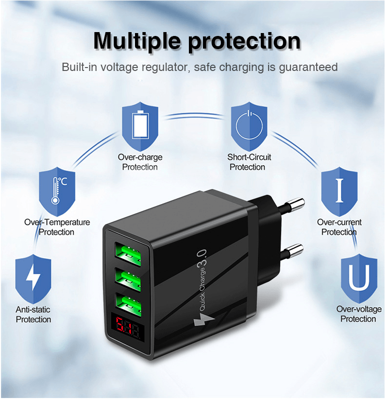 3-Port USB Quick Wall Charger with LED Display