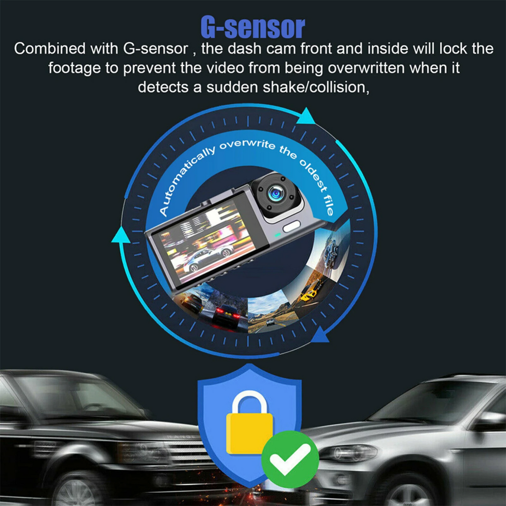 1080P Triple Lens Dash Cam with Front, Rear & Cabin Cameras