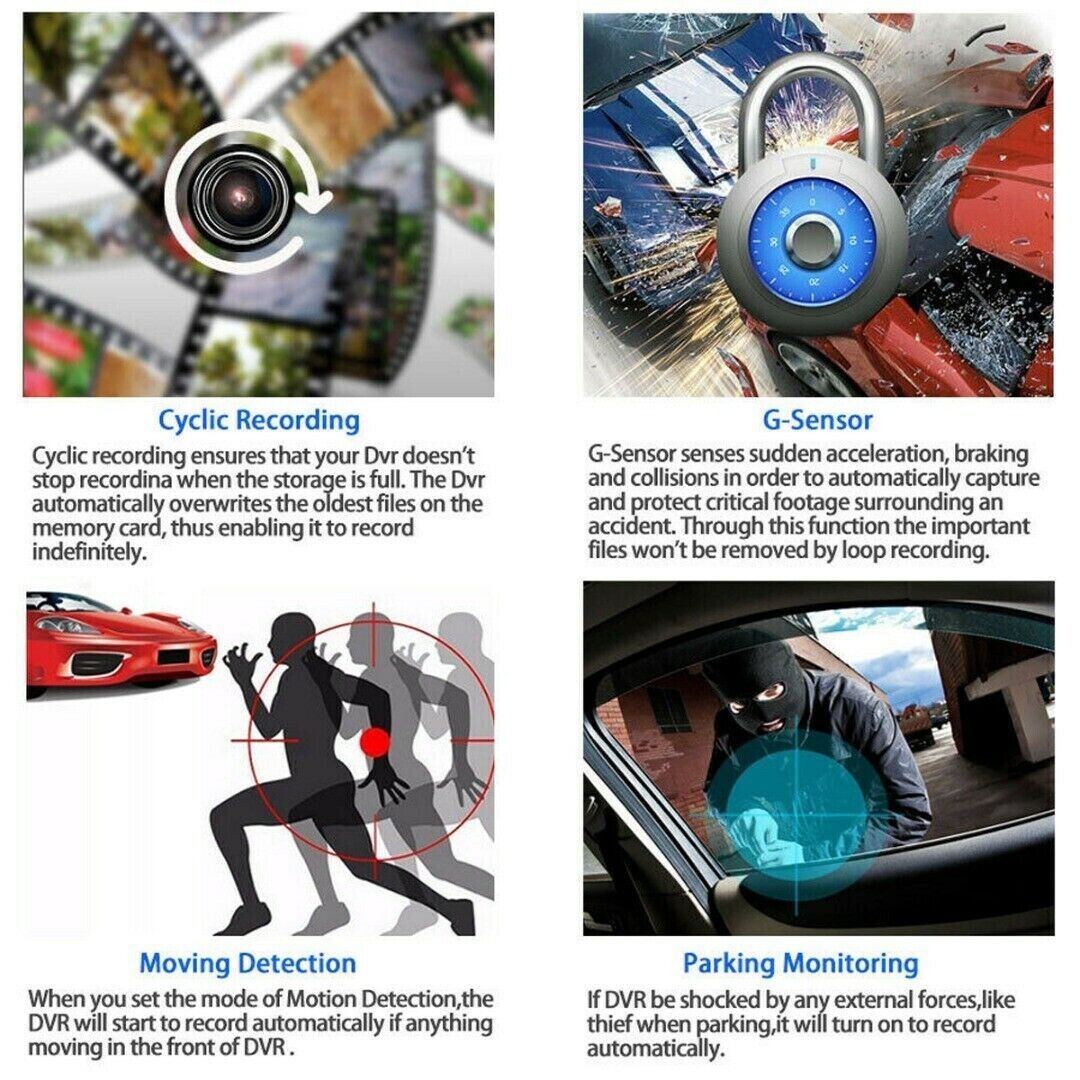 1080P 4" Dual Lens HD Dash Cam with Rearview Camera, G Sensor, and Night Vision