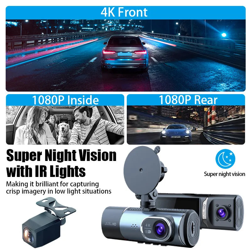 4K UHD 3 Channel Dash Cam with 5G WiFi, Night Vision, GPS & Loop Recording