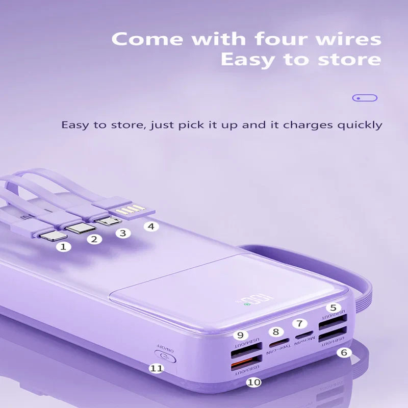 50000mAh Power Bank Large Capacity Mobile Power Fast Charging Multi Port Digital Display With 4 Cables For iPhone Samsung Xiaomi