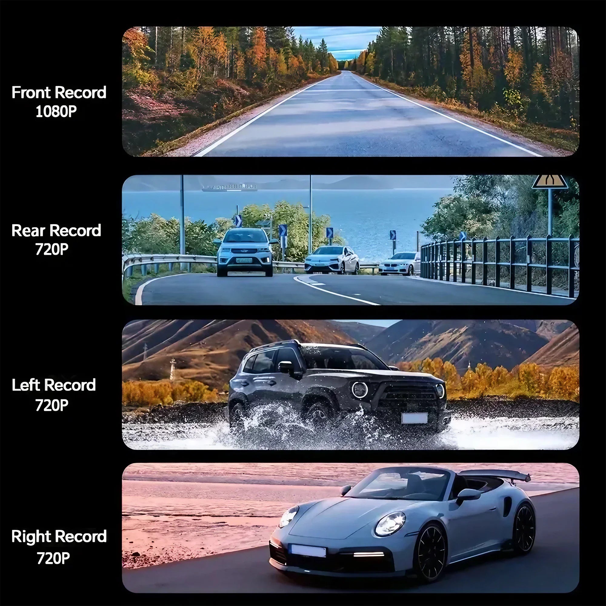 STONEGO 4 Lens 1080P Dash Cam Full HD, Wide Angle, Loop Recording, IPS Display