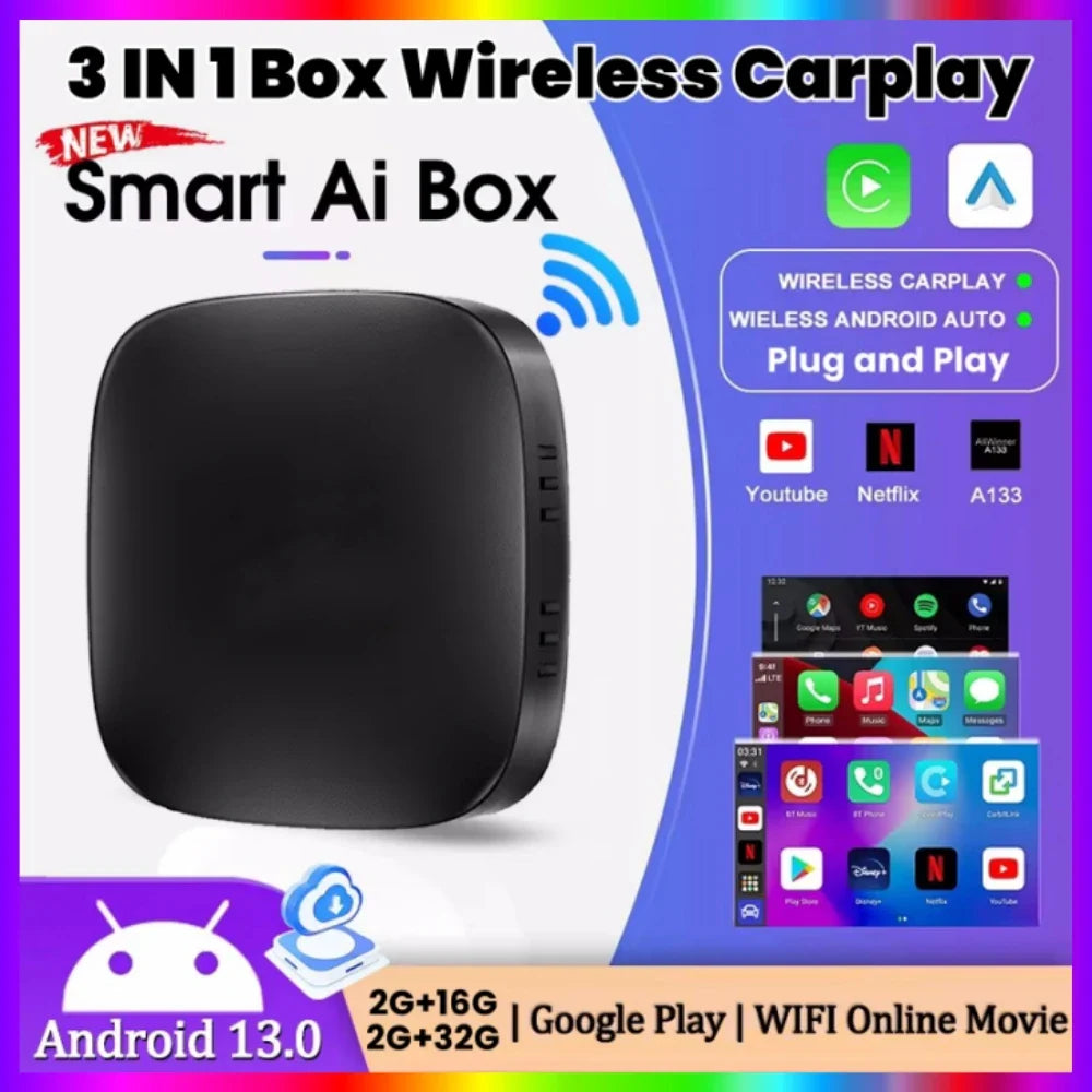 LEXXSON 3-in-1 CarPlay AI Box – Android 13, Wireless Android Auto, USB TV Adapter