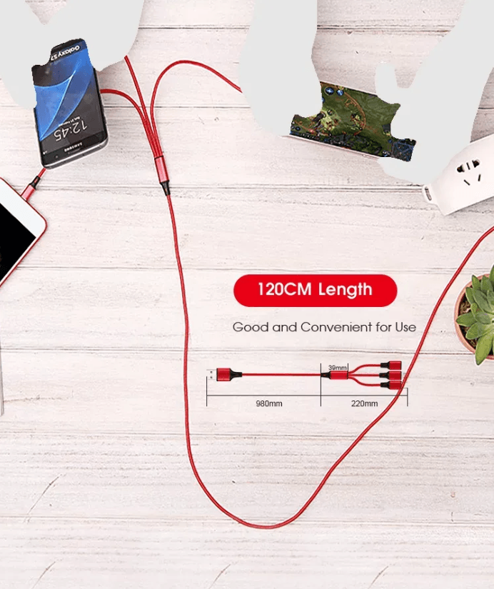 3 Port Fast Car Charger with LED + 3 in 1 Charging Cable Combo Silver