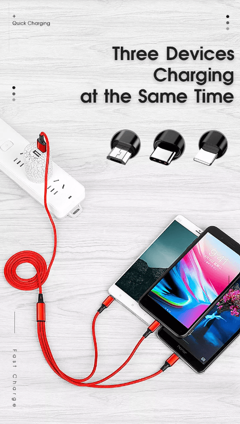 3 Port Fast Car Charger with LED + 3 in 1 Charging Cable Combo Silver
