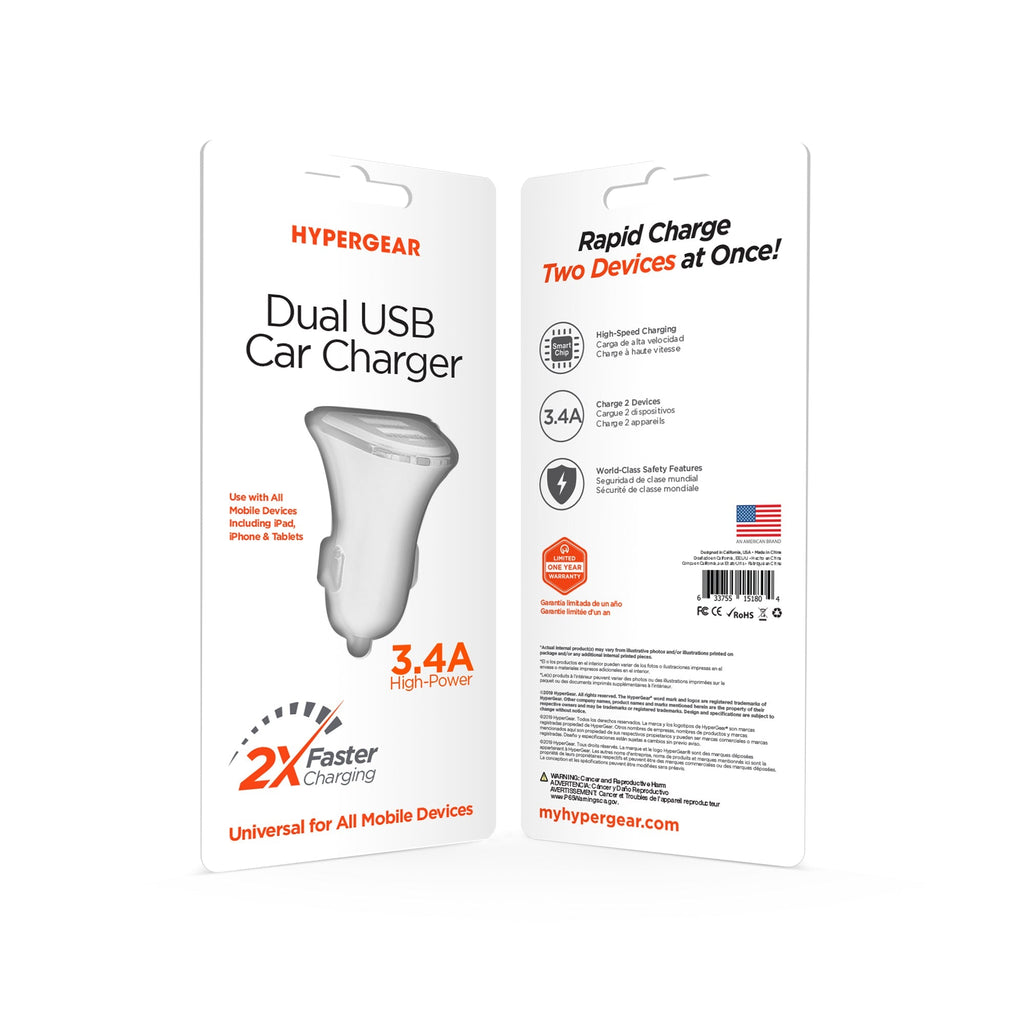 HyperGear Hi Power Dual USB Car Charger 3.4A Fast Charging