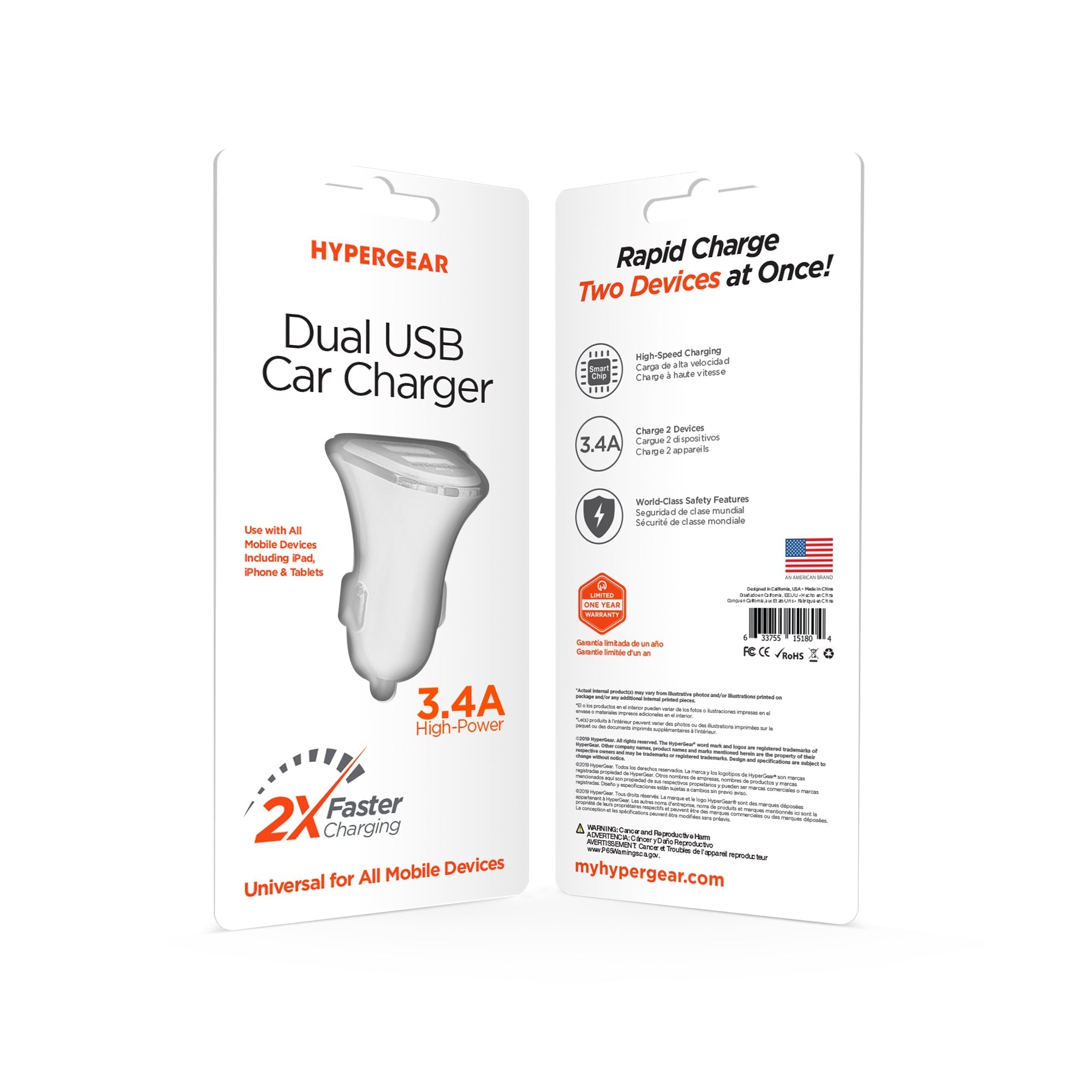 HyperGear Hi Power Dual USB Car Charger 3.4A Fast Charging