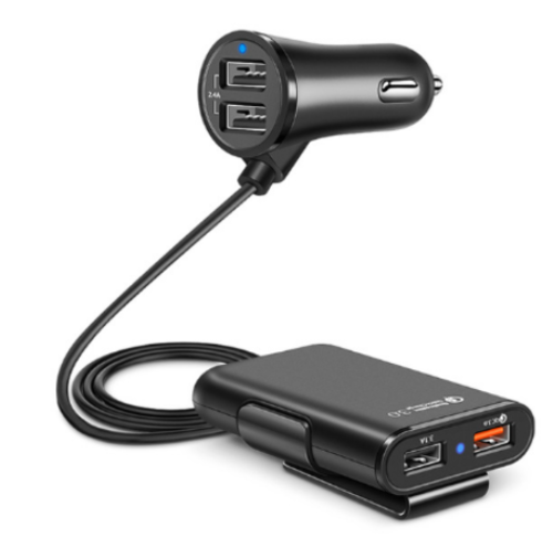 Back Seat Car Charger with 4 USB Ports QC3.0 Fast Charging & Clip Holder
