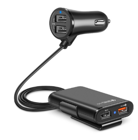 Back Seat Car Charger with 4 USB Ports QC3.0 Fast Charging & Clip Holder