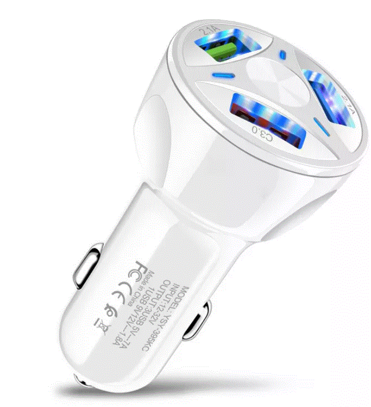 3 Port Fast Car Charger with LED + 3 in 1 Charging Cable Combo Silver